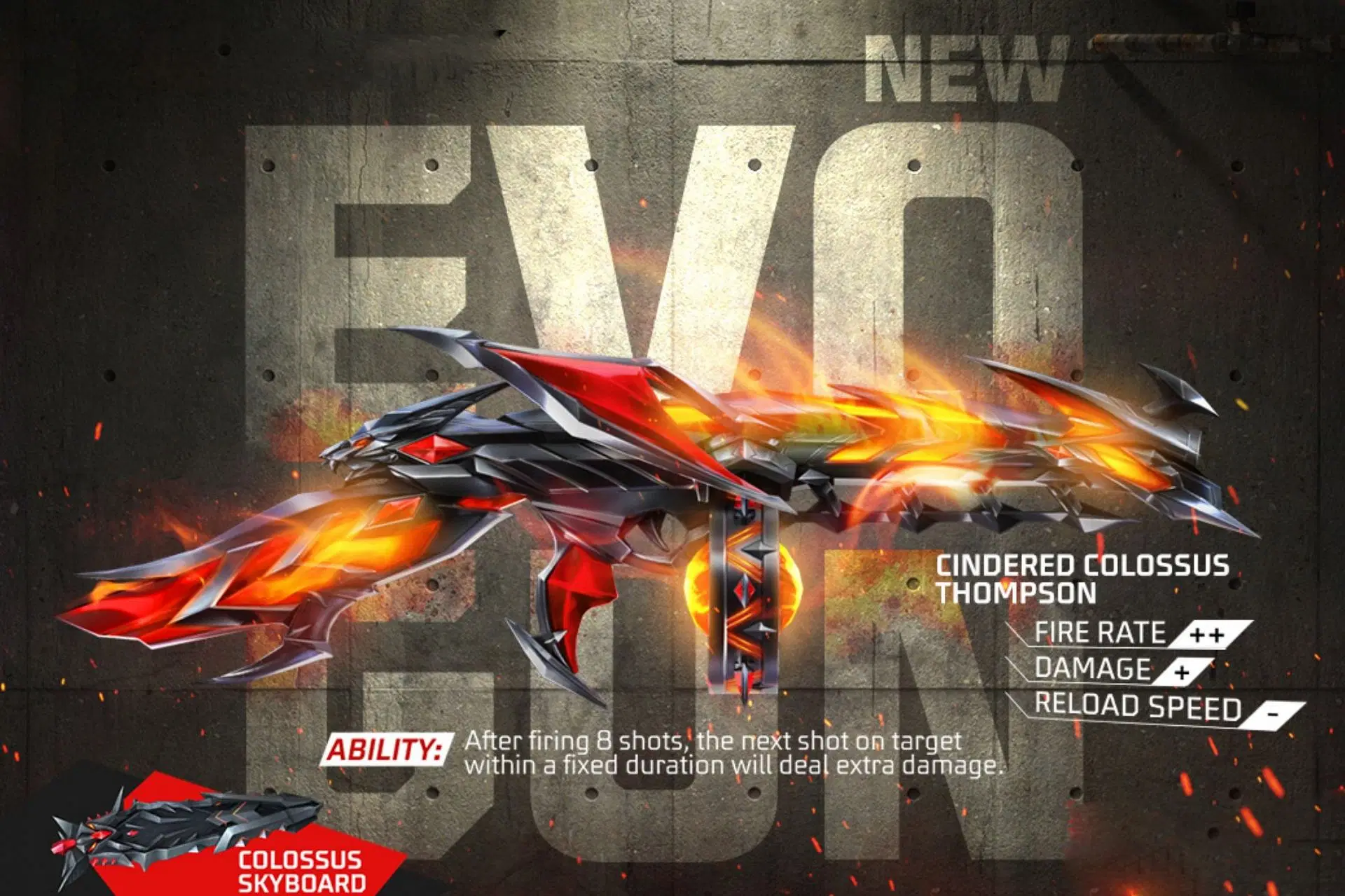 skin evo gun free fire Thompson Cindered Colossus